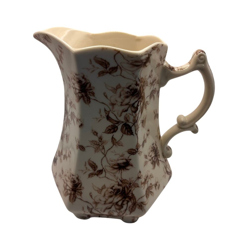 Godinger Floral Pitcher Creamer Ivory Brown Transferware Cottage Core